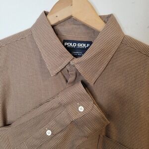 Polo Golf Ralph Lauren Chambers Shirt Mens XL Tan Houndstooth Cotton Rayon‎ L/S